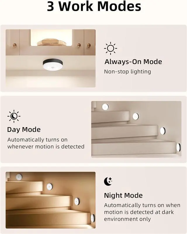 Alt view image 6 of 7 - Under Cabinet Lighting,1000mAh Rechargeable Puck Lights with Remote,3 Color Temps & 12 RGB Motion Sensor Closet Lights Indoor, Dimmable Under Counter Lights for Kitchen, Shelf Black (6 Packs)