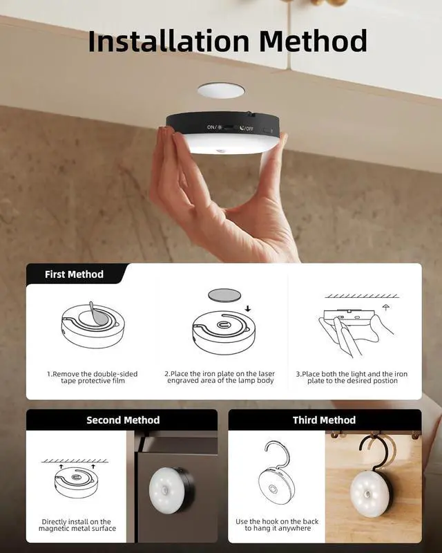 Alt view image 7 of 7 - Under Cabinet Lighting,1000mAh Rechargeable Puck Lights with Remote,3 Color Temps & 12 RGB Motion Sensor Closet Lights Indoor, Dimmable Under Counter Lights for Kitchen, Shelf Black (6 Packs)