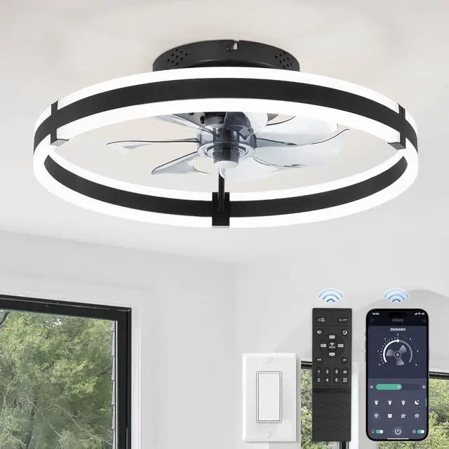 Main image of Ceiling Fans with Lights and Remote, 19.7'' Low Profile Ceiling Fans, 3000-6000K Dimmable Modern Flush Mount LED Fan Light, 6 Wind Speeds, Black Fandelier Ceiling Fans with Lights for Bedroom