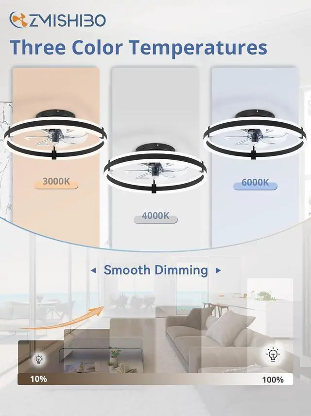 Alt view image 2 of 7 - Ceiling Fans with Lights and Remote, 19.7'' Low Profile Ceiling Fans, 3000-6000K Dimmable Modern Flush Mount LED Fan Light, 6 Wind Speeds, Black Fandelier Ceiling Fans with Lights for Bedroom