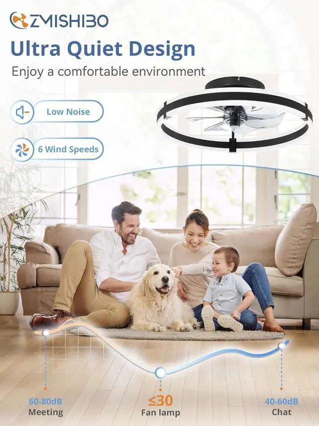 Alt view image 3 of 7 - Ceiling Fans with Lights and Remote, 19.7'' Low Profile Ceiling Fans, 3000-6000K Dimmable Modern Flush Mount LED Fan Light, 6 Wind Speeds, Black Fandelier Ceiling Fans with Lights for Bedroom
