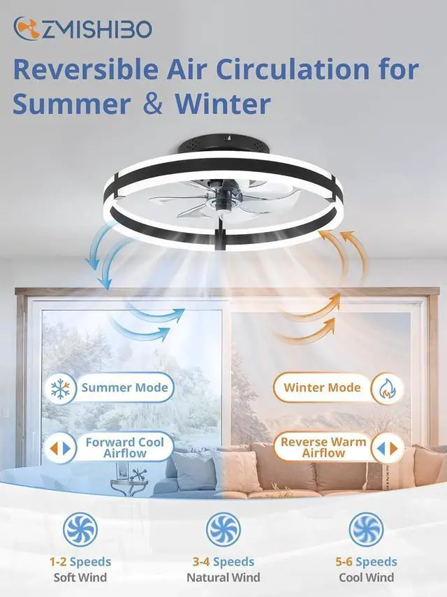 Alt view image 4 of 7 - Ceiling Fans with Lights and Remote, 19.7'' Low Profile Ceiling Fans, 3000-6000K Dimmable Modern Flush Mount LED Fan Light, 6 Wind Speeds, Black Fandelier Ceiling Fans with Lights for Bedroom