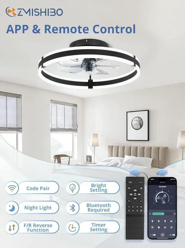 Alt view image 5 of 7 - Ceiling Fans with Lights and Remote, 19.7'' Low Profile Ceiling Fans, 3000-6000K Dimmable Modern Flush Mount LED Fan Light, 6 Wind Speeds, Black Fandelier Ceiling Fans with Lights for Bedroom