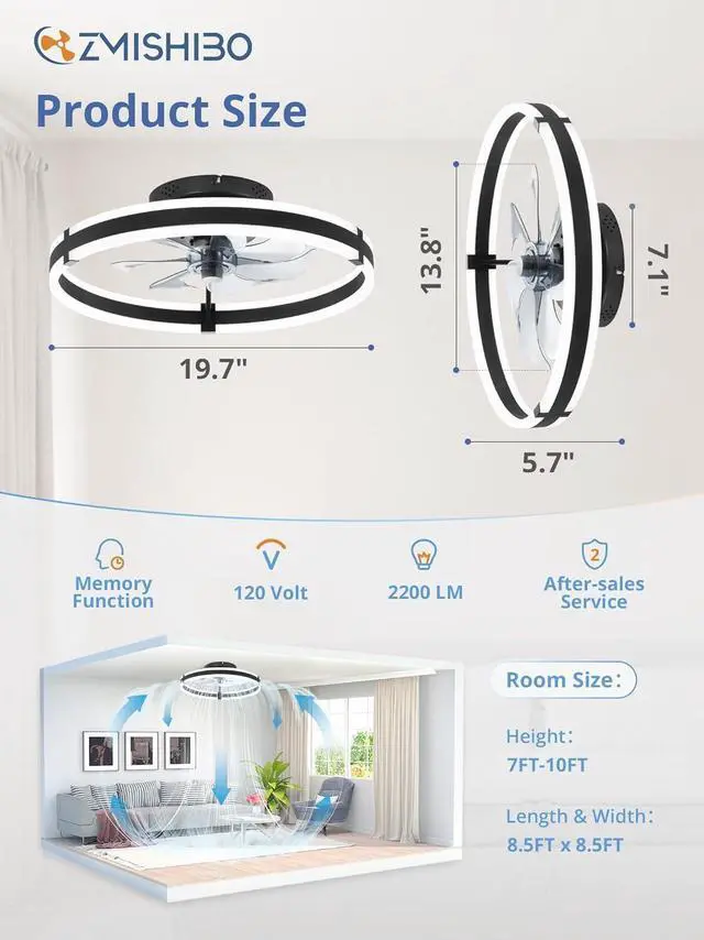 Alt view image 6 of 7 - Ceiling Fans with Lights and Remote, 19.7'' Low Profile Ceiling Fans, 3000-6000K Dimmable Modern Flush Mount LED Fan Light, 6 Wind Speeds, Black Fandelier Ceiling Fans with Lights for Bedroom