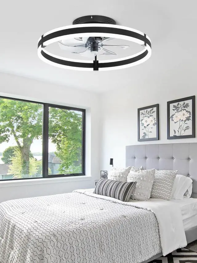 Alt view image 7 of 7 - Ceiling Fans with Lights and Remote, 19.7'' Low Profile Ceiling Fans, 3000-6000K Dimmable Modern Flush Mount LED Fan Light, 6 Wind Speeds, Black Fandelier Ceiling Fans with Lights for Bedroom