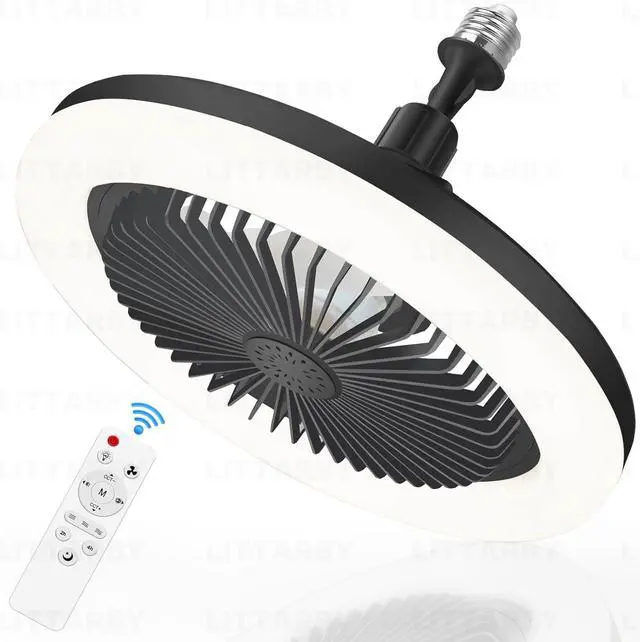 Main image of Fan Light with Remote Control, 3 Colors 3000K-6500K Dimmable LED Light Bulb Fan Screw in Ceiling Fan for Bedroom, Kitchen, Storage Room, Closet, Wireless Small Ceiling Fans with Lights - Black