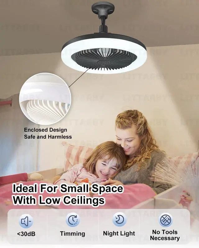 Alt view image 2 of 7 - Fan Light with Remote Control, 3 Colors 3000K-6500K Dimmable LED Light Bulb Fan Screw in Ceiling Fan for Bedroom, Kitchen, Storage Room, Closet, Wireless Small Ceiling Fans with Lights - Black