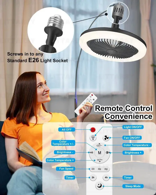 Alt view image 3 of 7 - Fan Light with Remote Control, 3 Colors 3000K-6500K Dimmable LED Light Bulb Fan Screw in Ceiling Fan for Bedroom, Kitchen, Storage Room, Closet, Wireless Small Ceiling Fans with Lights - Black