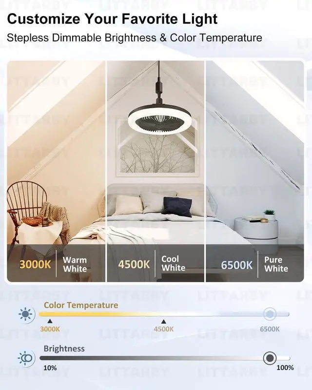 Alt view image 4 of 7 - Fan Light with Remote Control, 3 Colors 3000K-6500K Dimmable LED Light Bulb Fan Screw in Ceiling Fan for Bedroom, Kitchen, Storage Room, Closet, Wireless Small Ceiling Fans with Lights - Black