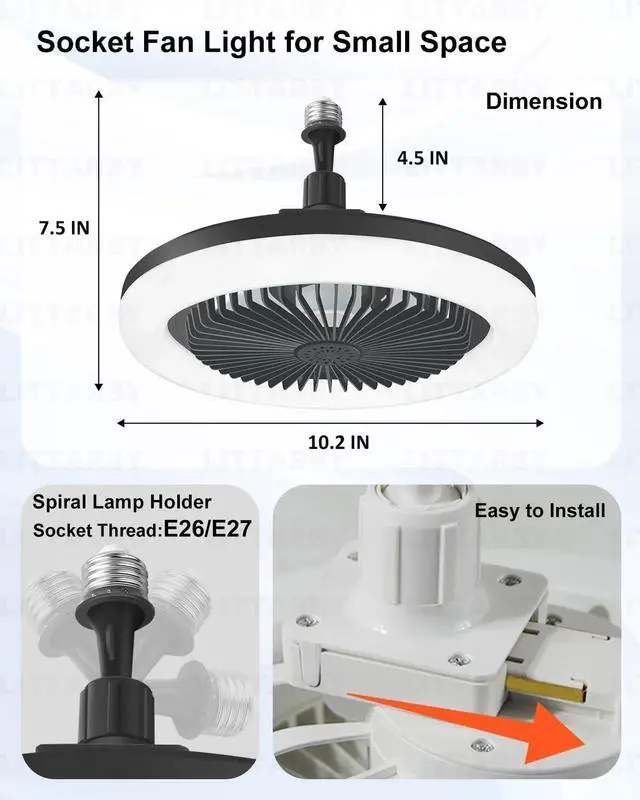 Alt view image 5 of 7 - Fan Light with Remote Control, 3 Colors 3000K-6500K Dimmable LED Light Bulb Fan Screw in Ceiling Fan for Bedroom, Kitchen, Storage Room, Closet, Wireless Small Ceiling Fans with Lights - Black
