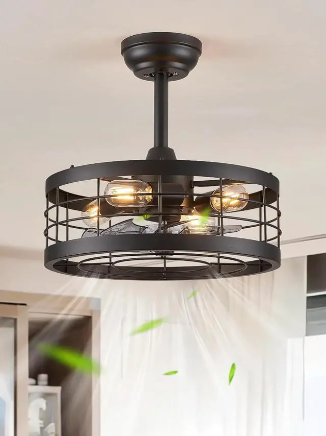 Main image of 16.5 inch Black Caged Ceiling Fan with Light, Fandelier Industrial Ceiling Fan with Remote, Farmhouse Fan Lights Ceiling Fixtures for Kitchen, Bedroom, Outdoor6 Speed, Timing-Black