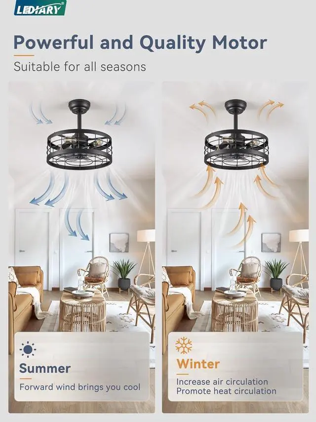 Alt view image 3 of 7 - 16.5 inch Black Caged Ceiling Fan with Light, Fandelier Industrial Ceiling Fan with Remote, Farmhouse Fan Lights Ceiling Fixtures for Kitchen, Bedroom, Outdoor6 Speed, Timing-Black