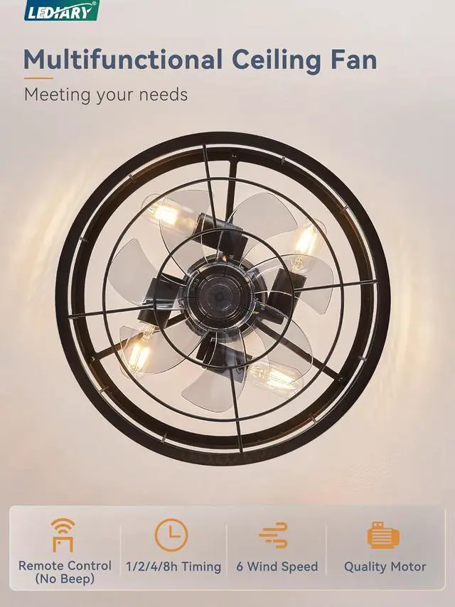 Alt view image 4 of 7 - 16.5 inch Black Caged Ceiling Fan with Light, Fandelier Industrial Ceiling Fan with Remote, Farmhouse Fan Lights Ceiling Fixtures for Kitchen, Bedroom, Outdoor6 Speed, Timing-Black