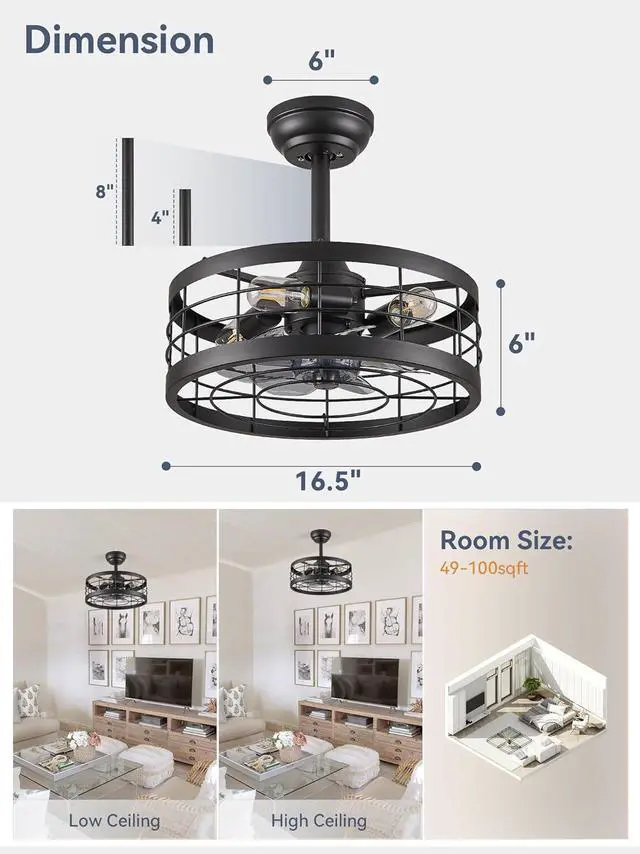 Alt view image 6 of 7 - 16.5 inch Black Caged Ceiling Fan with Light, Fandelier Industrial Ceiling Fan with Remote, Farmhouse Fan Lights Ceiling Fixtures for Kitchen, Bedroom, Outdoor6 Speed, Timing-Black