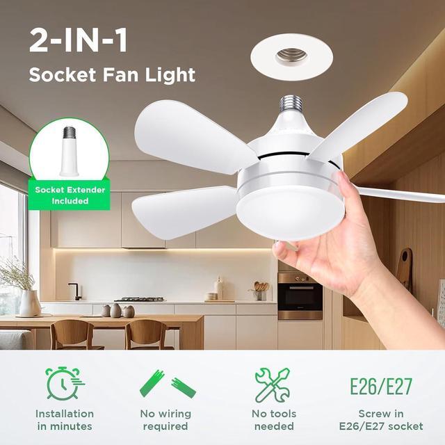 Alt view image 2 of 7 - Socket Ceiling Fans with Lights and Remote - Socket Fan Light with Dimmable Led Light Bulb, 3 Colors 3000K-6500K, 2000 Lumens, Screw in Small Ceiling Fan for Bedroom Living Room Kitchen Garage