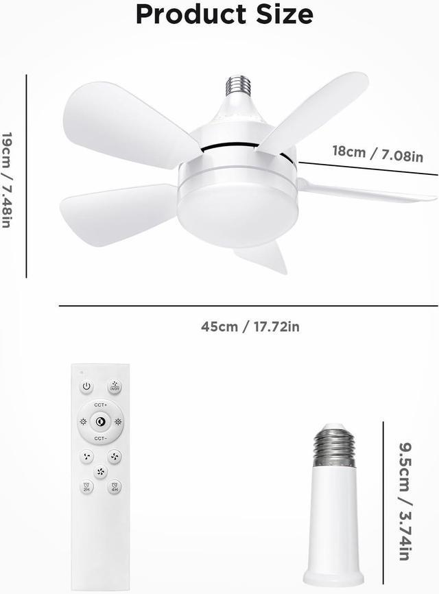 Alt view image 7 of 7 - Socket Ceiling Fans with Lights and Remote - Socket Fan Light with Dimmable Led Light Bulb, 3 Colors 3000K-6500K, 2000 Lumens, Screw in Small Ceiling Fan for Bedroom Living Room Kitchen Garage