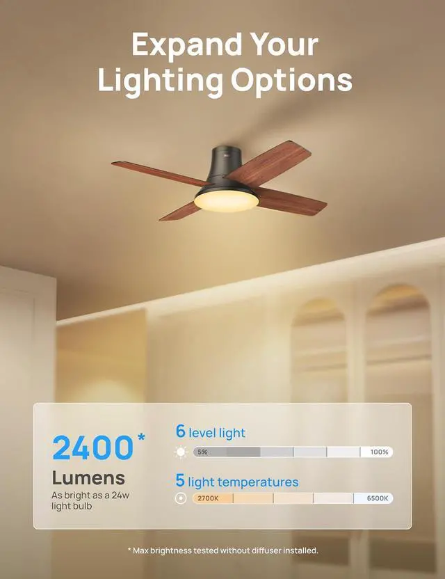 Alt view image 2 of 7 - Ceiling Fans with Lights and Remote Control, 44 inch Low Profile Ceiling Fan, Flush Mount, Reversible, 5CCT, 6-Level Dimmable, 6 Speeds Ceiling Fan for Bedroom, Quiet, Easy to Install, Timer