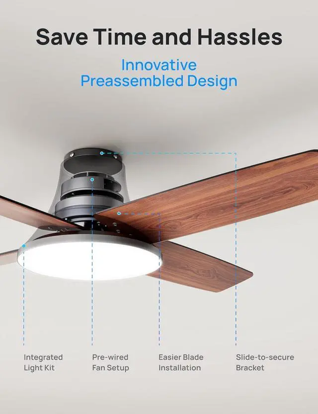 Alt view image 7 of 7 - Ceiling Fans with Lights and Remote Control, 44 inch Low Profile Ceiling Fan, Flush Mount, Reversible, 5CCT, 6-Level Dimmable, 6 Speeds Ceiling Fan for Bedroom, Quiet, Easy to Install, Timer