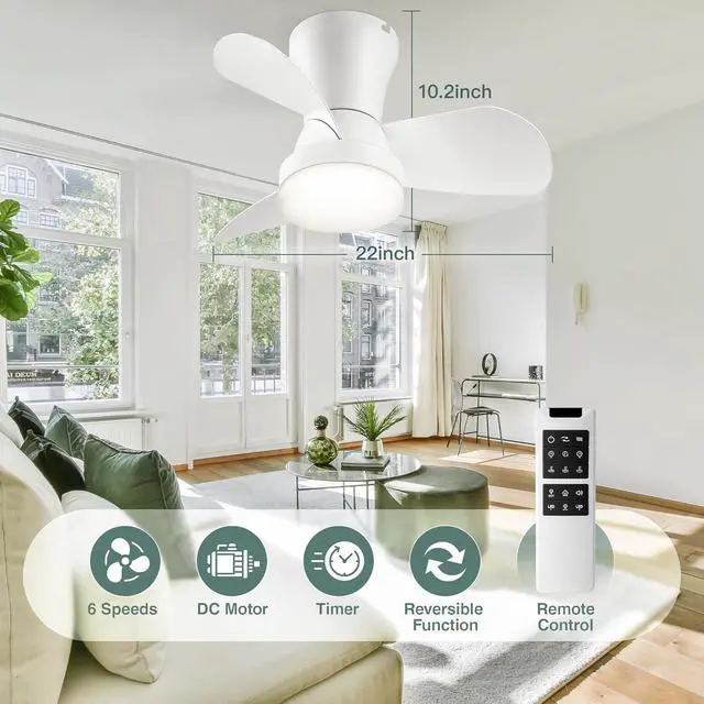 Alt view image 5 of 7 - Ceiling Fans with Lights and Remote, 22 inch Low Profile Ceiling Fan with Light, Modern Flush Mount Ceiling Fan for Bedroom/Kitchen/Dining Room/Patio, 6 Wind Speeds, Dimmable, White
