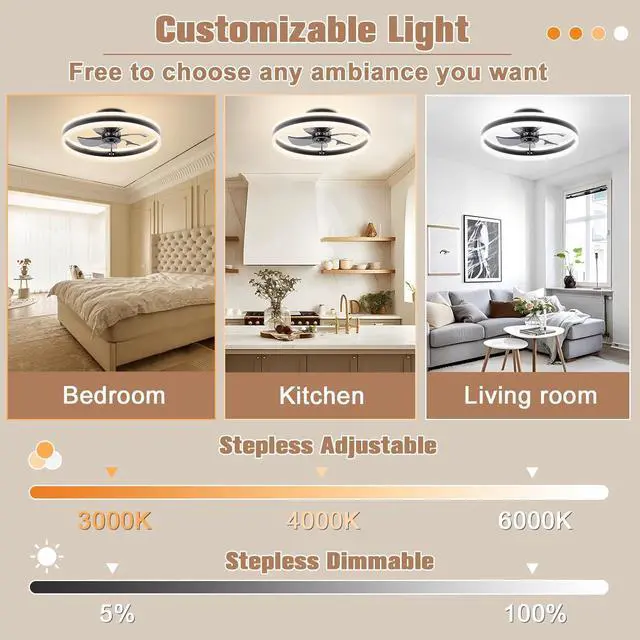 Alt view image 2 of 7 - Fandelier Ceiling Fans with Lights and Remote, 15.7in Low Profile Ceiling Fan Flush Mount, 3000K-6500K Dimmable Bladeless LED Fan Light, Black Modern Ceiling Fans with Lights for Bedroom