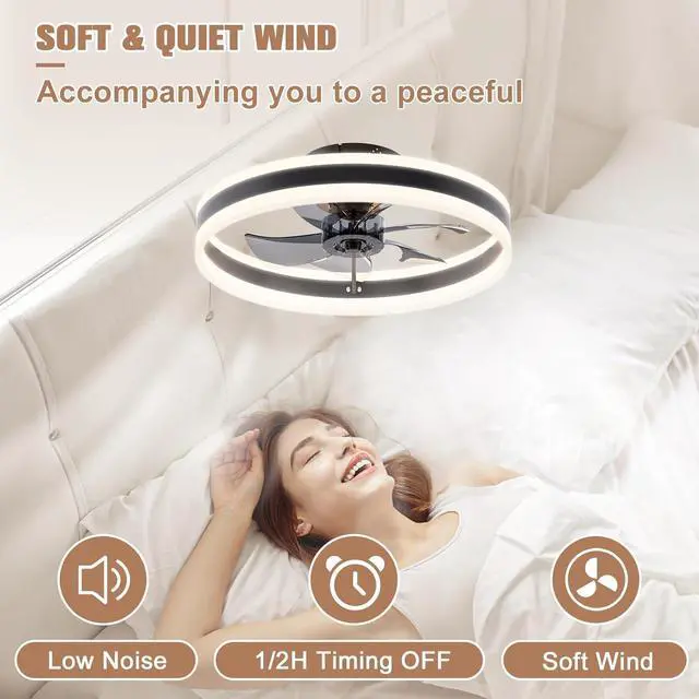 Alt view image 3 of 7 - Fandelier Ceiling Fans with Lights and Remote, 15.7in Low Profile Ceiling Fan Flush Mount, 3000K-6500K Dimmable Bladeless LED Fan Light, Black Modern Ceiling Fans with Lights for Bedroom