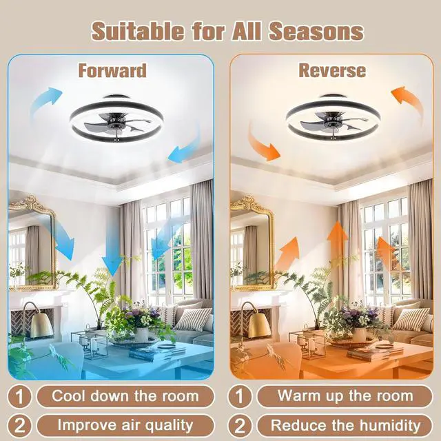 Alt view image 5 of 7 - Fandelier Ceiling Fans with Lights and Remote, 15.7in Low Profile Ceiling Fan Flush Mount, 3000K-6500K Dimmable Bladeless LED Fan Light, Black Modern Ceiling Fans with Lights for Bedroom