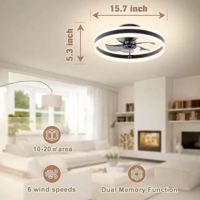 Alt view image 6 of 7 - Fandelier Ceiling Fans with Lights and Remote, 15.7in Low Profile Ceiling Fan Flush Mount, 3000K-6500K Dimmable Bladeless LED Fan Light, Black Modern Ceiling Fans with Lights for Bedroom