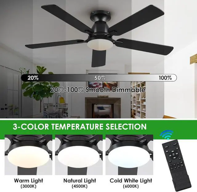 Alt view image 2 of 7 - Ceiling Fans with Lights- 52" Low Profile Indoor Ceiling Fan with Light and Remote/APP Control, Flush Mount, LED Dimmable DC Reversible Modern Ceiling Fan for BedroomBlack