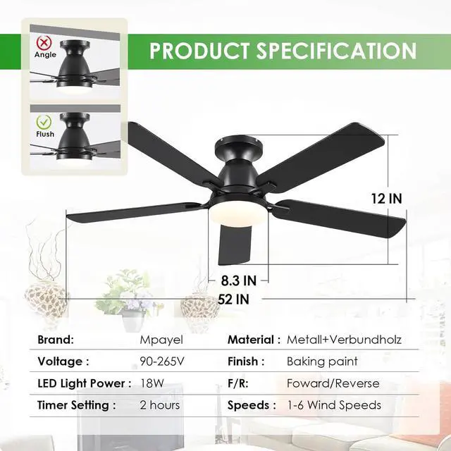 Alt view image 5 of 7 - Ceiling Fans with Lights- 52" Low Profile Indoor Ceiling Fan with Light and Remote/APP Control, Flush Mount, LED Dimmable DC Reversible Modern Ceiling Fan for BedroomBlack