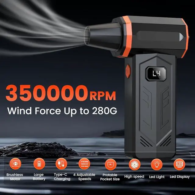 Alt view image 2 of 7 - Compressed Air Duster, 350,000RPM Jet Dry Blower with LED Display and Light, 4-Gear Adjustable Mini Air Broom,Turbo Fan for Keyboard, PC, Car and Home,Electric Air Duster Replace Compressed Air Can