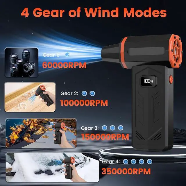 Alt view image 3 of 7 - Compressed Air Duster, 350,000RPM Jet Dry Blower with LED Display and Light, 4-Gear Adjustable Mini Air Broom,Turbo Fan for Keyboard, PC, Car and Home,Electric Air Duster Replace Compressed Air Can