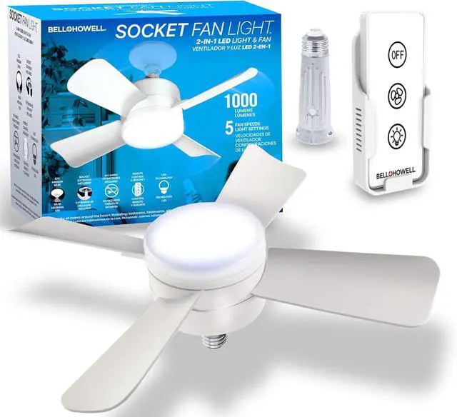 Main image of Socket Fan Light 5-Speed Deluxe LED  Ceiling Fans with Lights and Remote Control  for Bedroom, Kitchen, Living Room,1000 Lumens / 5000 Kelvins As Seen On TV