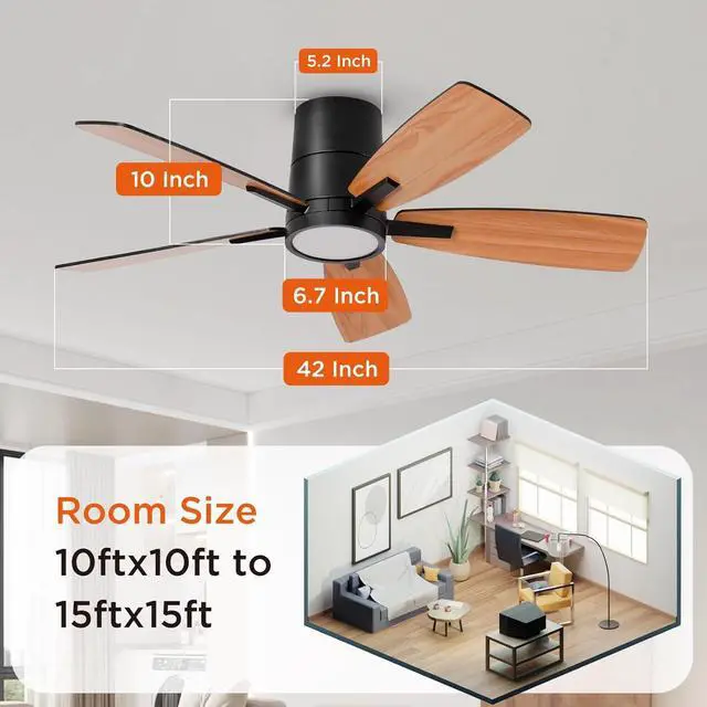Alt view image 2 of 7 - 42 inch Ceiling Fans with Lights,Ultra Quite Low Profile Ceiling Fan with Light and Remote Control,Flush Mount, Reversible, Dimmable,Modern Ceiling Fan for Bedroom Kids Room Black
