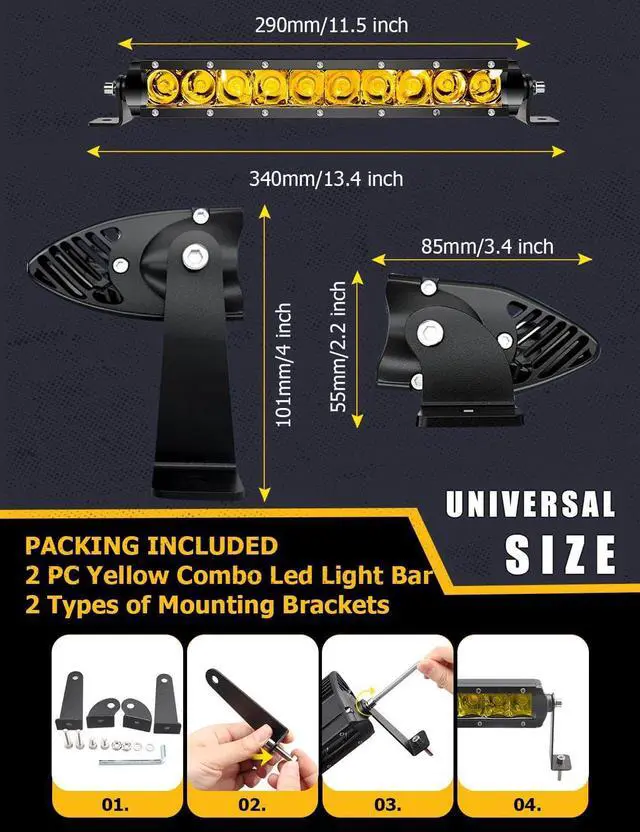 Alt view image 4 of 7 - 11 Inch Led Light Bar Yellow Slim Off Road Driving Lights Compatible with Trucks Pickup SUV ATV UTV Boat 4x4 Van Camper