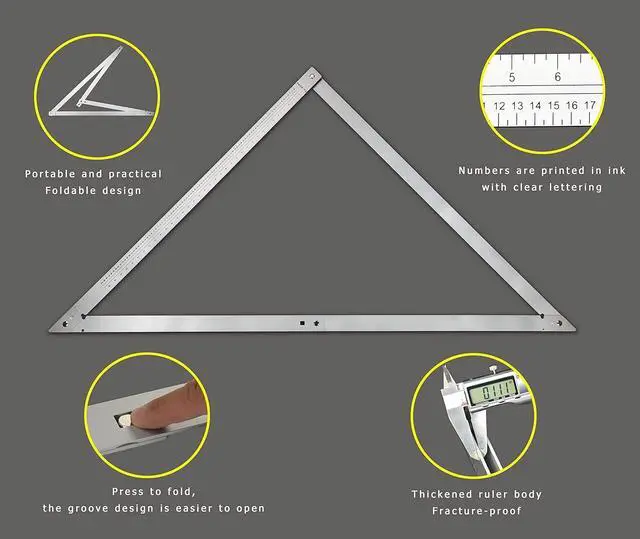 Alt view image 4 of 7 - 48 Inches Folding Aluminium Triangle Ruler Construction Tools Combination Carpentry Squares in Framing Roofing Stair Work Woodworking Movable Right Angle 90°45 Degree Angle Ruler