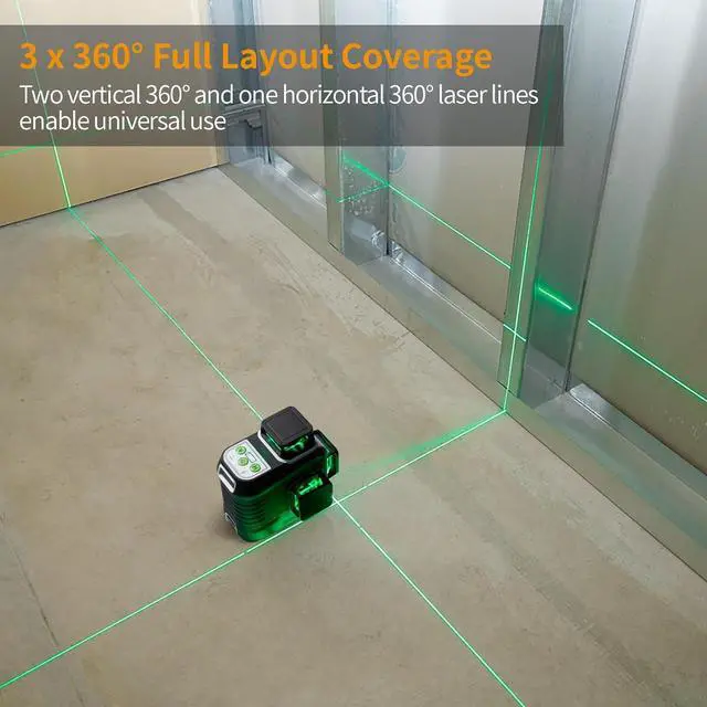 Alt view image 7 of 7 - Laser Level 360 Self Leveling, 3 x 360° High Brightness Green Cross Line Laser Leveler Tool for Picture Hanging Wall Tile Construction, 2 Rechargeable Batteries and Magnetic Bracket Included