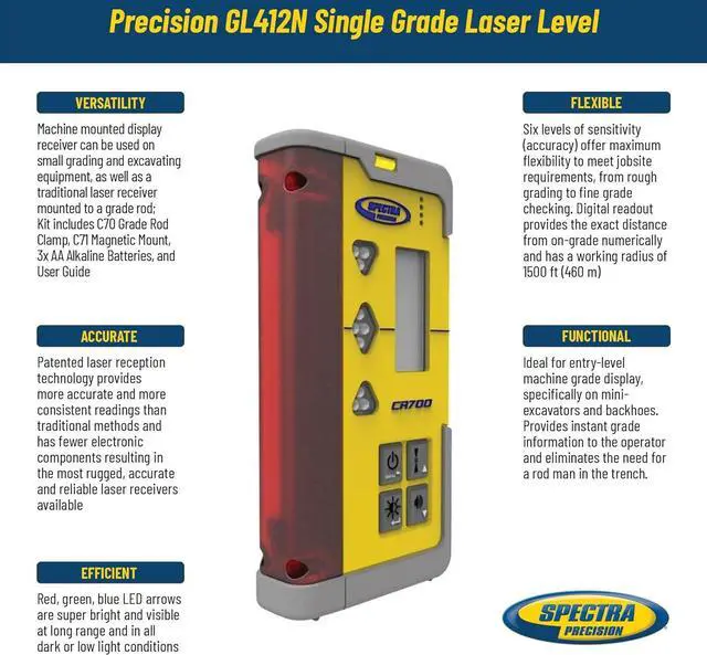 Alt view image 2 of 7 - CR700 Combination Laser Receiver with C70 Rod Clamp, C71 Magnetic Mount, Alkaline Batteries, Patented Reception Technology,Blue/green/red