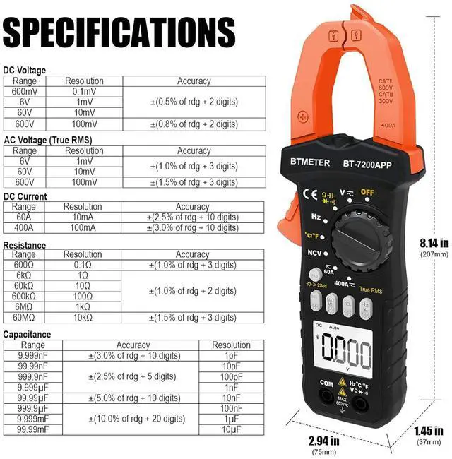 Alt view image 7 of 7 - BT-7200APP TRMS 6000 Counts Clamp Multimeter, Digital Clamp-on Ammeter for AC/DC Current Voltage Resistance Capacitor Frequency Continuity Temperature NCV Meter