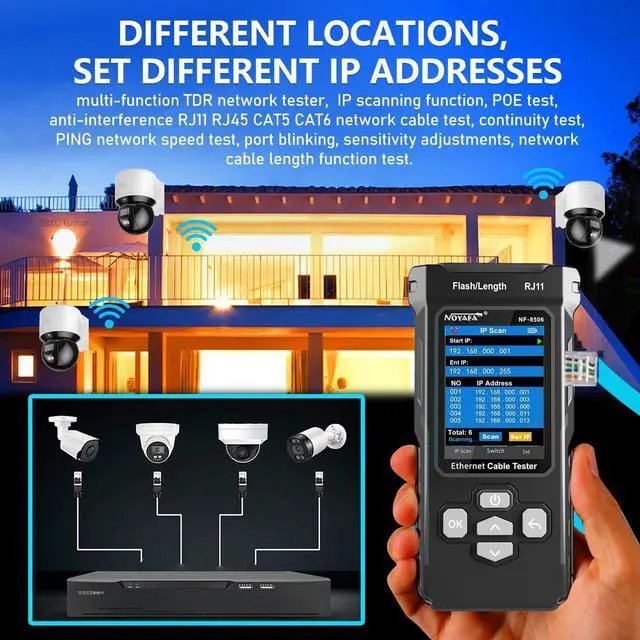 Alt view image 4 of 7 - NF-8506 Network Cable Tester and Tracker with IP Scanne Network Rate Test,PING/CAT5 CAT6/TDR Multifunction Network Tester Cable Toner for RJ11 RJ45 LAN EthernetPOE Cable Tester Telephone Cable Finder
