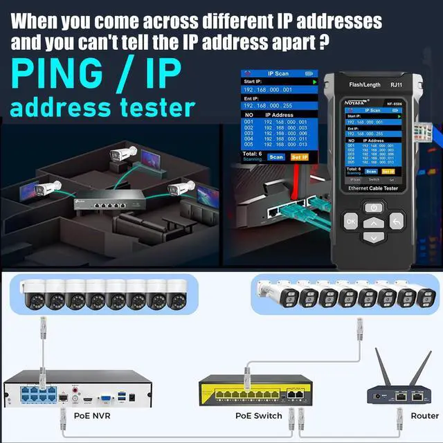 Alt view image 7 of 7 - NF-8506 Network Cable Tester and Tracker with IP Scanne Network Rate Test,PING/CAT5 CAT6/TDR Multifunction Network Tester Cable Toner for RJ11 RJ45 LAN EthernetPOE Cable Tester Telephone Cable Finder