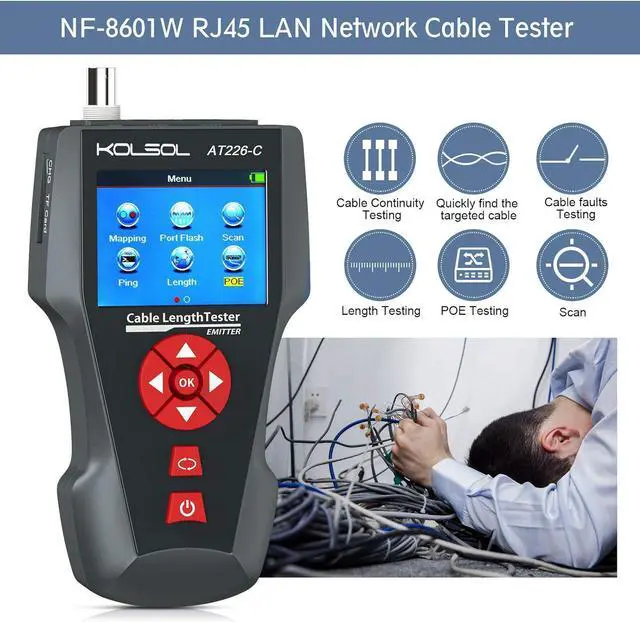 Alt view image 2 of 7 - Network Cable Tester, AT226-C NF-8601W LAN Ethernet Cable Tester RJ45 UTP STP Diagnose Tone Tr Network Cable Length Tester for RJ45, RJ11, BNC, PING/POE 8 Identifier Telephone Wire Tracker