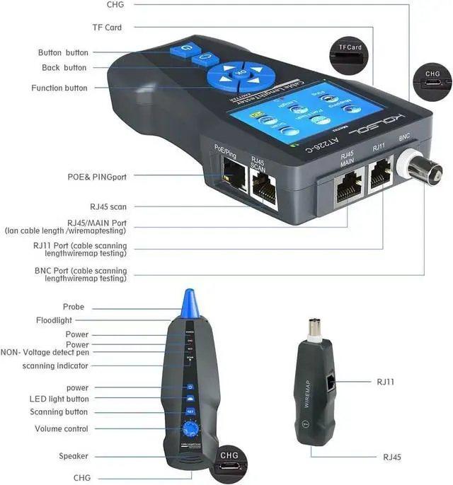 Alt view image 6 of 7 - Network Cable Tester, AT278 TDR Multi-Functional LCD Wire Tracker for RJ45, RJ11, BNC, Metal Cable,PING/POE NF-8601S for Length Testing