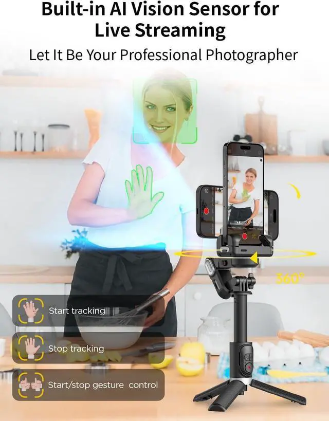 Alt view image 2 of 7 - Gimbal Stabilizer for Smartphone, 2-Axis Phone Gimbal w/360° Rotation for iPhone/Andriod Sefie Stick Tripod w/Auto Face Tracking and Wireless Remote for TIK Tok YouTube Vlogging-M1 Pro Black