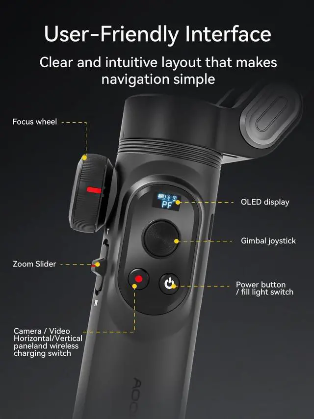 Alt view image 3 of 6 - Gimbal Stabilizer for iPhone with AI Vision Sensor for Face Tracking, 3-Axis Phone Gimbal w/OLED Display for Vlog Recording, Compatible with iPhone/Android-Smart XPro AI Black