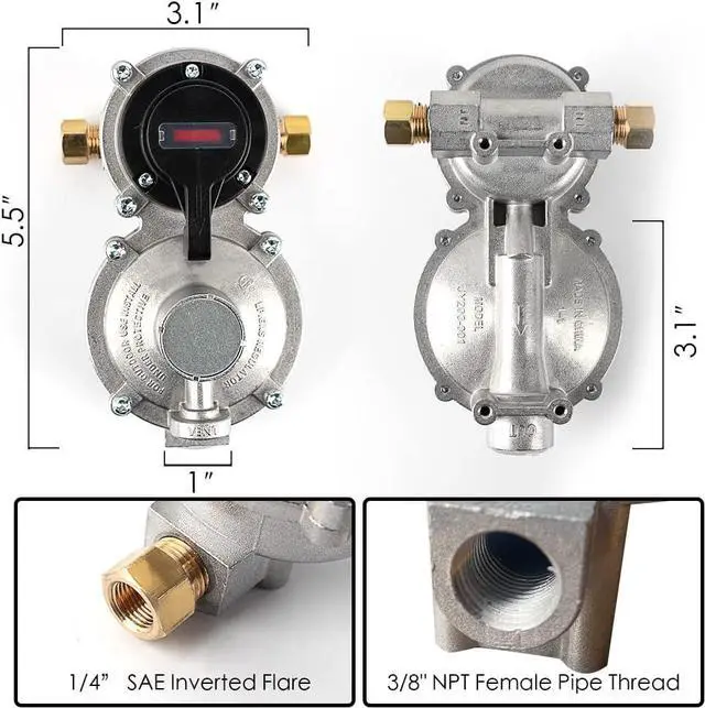 Alt view image 2 of 7 - RV Propane Regulator 2 Tank-2-Stage Auto Changeover LP Propane Regulator for RV Includes Gauge and 2X 18 Pigtail Propane Hoses,Ideal for Trailers and Camper RVs (Silver)