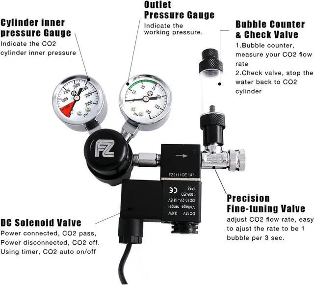 Alt view image 2 of 6 - Aquarium Co2 Regulator DC Solenoid with Bubble Counter and Check Valve Plant Grow DIY CO2 System CGA320 Side Open Cylinder