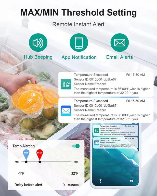 Alt view image 2 of 7 - WiFi Thermometer Freezer Alarm, Email Alert, App Notification, Data Record Export, No Subscription Fee, 2 Remote Wireless Temperature Sensors for Refrigerator, Freezer, Hot Tub White -