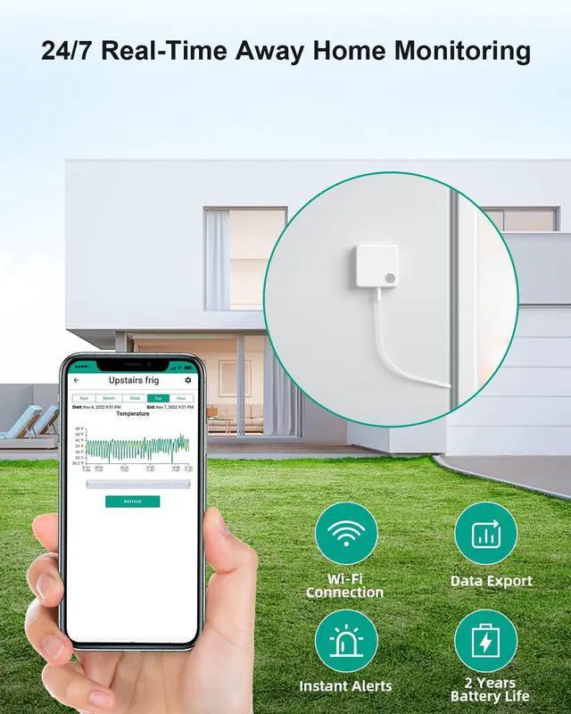 Alt view image 7 of 7 - WiFi Thermometer Freezer Alarm, Email Alert, App Notification, Data Record Export, No Subscription Fee, 2 Remote Wireless Temperature Sensors for Refrigerator, Freezer, Hot Tub White -