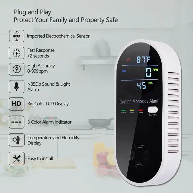 Alt view image 4 of 7 - 3-in-1 Carbon Monoxide Detectors Plug in Wall, Portable Carbon Monoxide Detector for Travel, CO Gas Meter Temperature Humidity Sensor Built-in with LCD Display Voice Light Warning