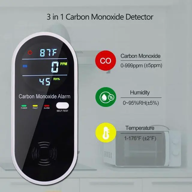 Alt view image 5 of 7 - 3-in-1 Carbon Monoxide Detectors Plug in Wall, Portable Carbon Monoxide Detector for Travel, CO Gas Meter Temperature Humidity Sensor Built-in with LCD Display Voice Light Warning